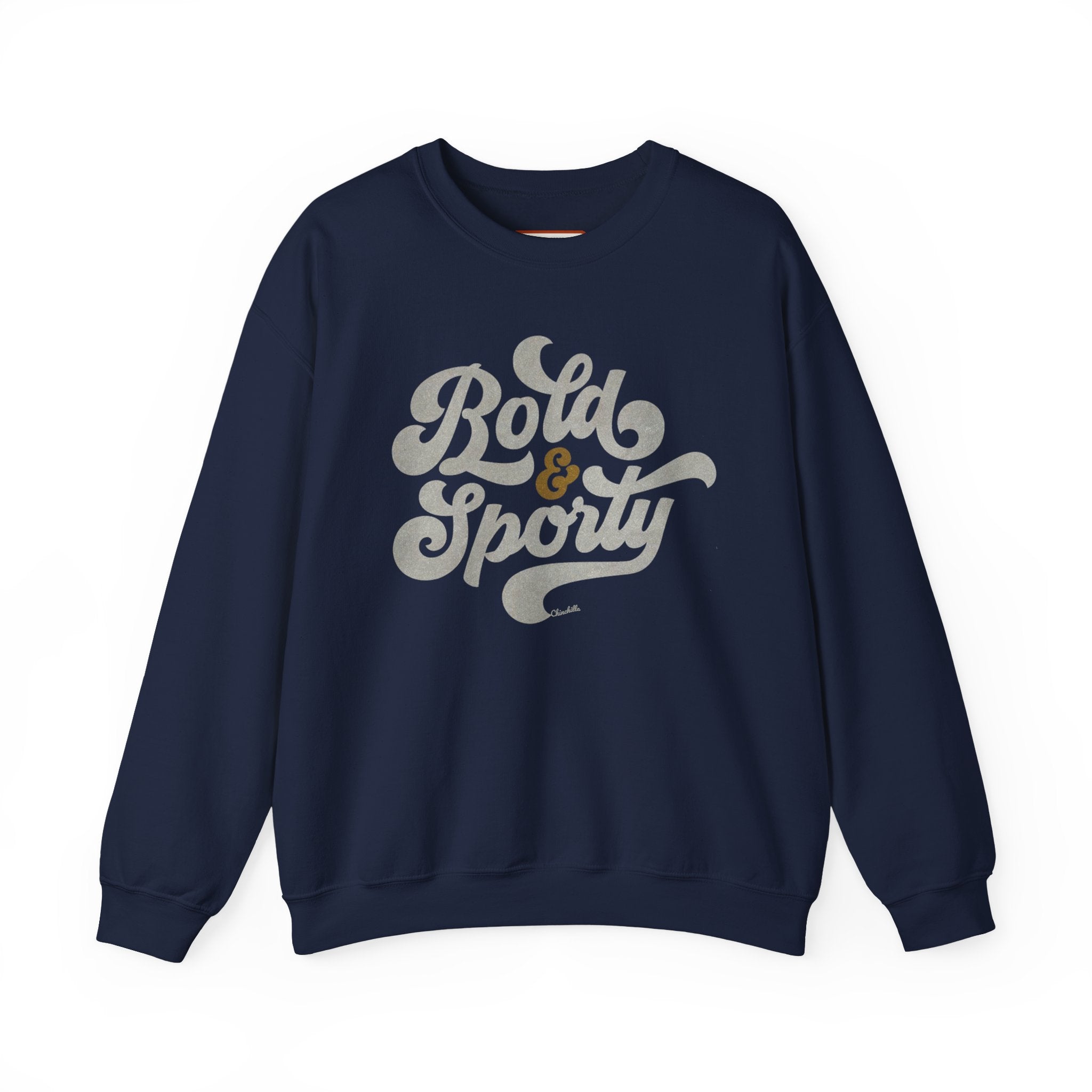 Navy blue sweatshirt with 'Bold & Sporty' text on a white background